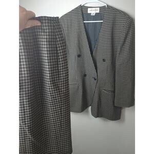 Jones New York Hounds tooth 100% wool Blazer Skirt Set Outfit Women 16 Black
